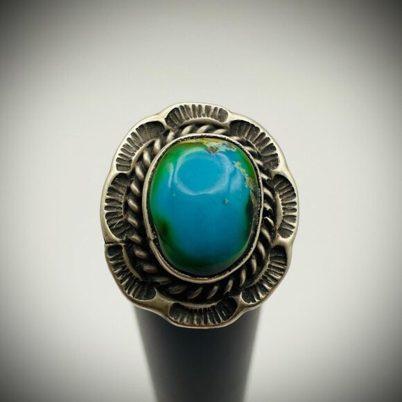 Navajo Sterling Turquoise Ring — Freda Martinez “F” Hallmark, Size 7.5 - Picture 2 of 6